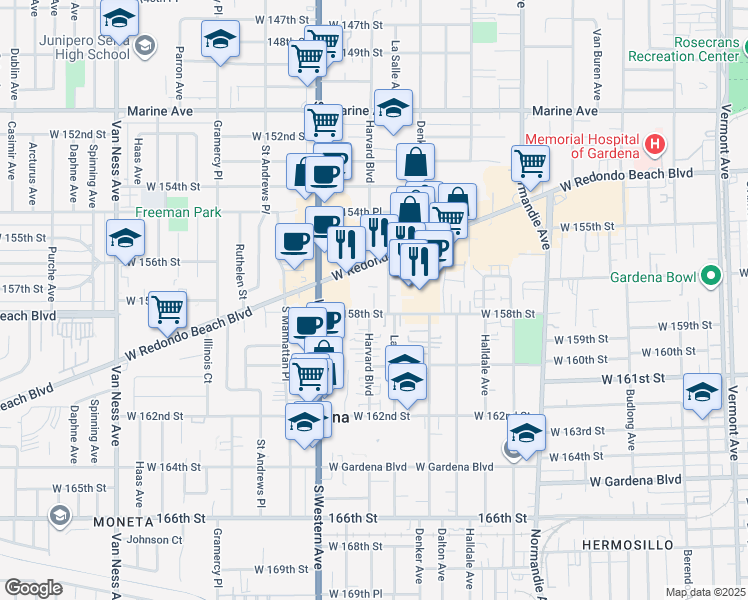 map of restaurants, bars, coffee shops, grocery stores, and more near 15729 La Salle Avenue in Gardena