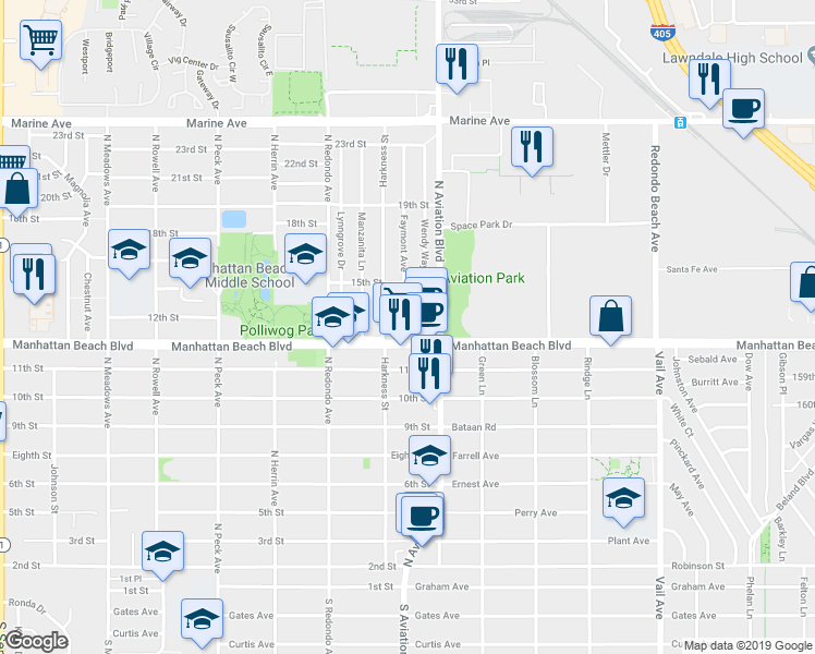 map of restaurants, bars, coffee shops, grocery stores, and more near 1826 12th Street in Manhattan Beach