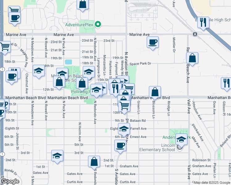 map of restaurants, bars, coffee shops, grocery stores, and more near 1826 12th Street in Manhattan Beach