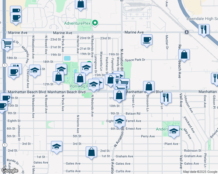 map of restaurants, bars, coffee shops, grocery stores, and more near 1826 12th Street in Manhattan Beach