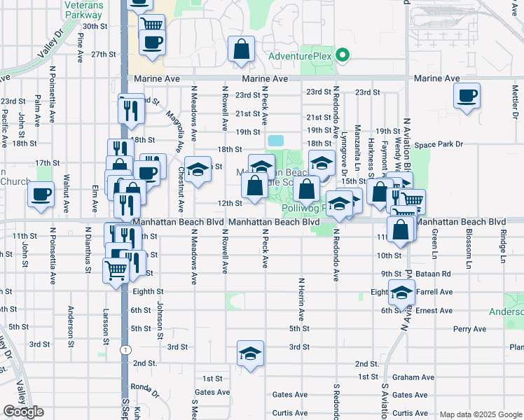 map of restaurants, bars, coffee shops, grocery stores, and more near 1151 North Peck Avenue in Manhattan Beach
