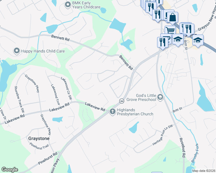 map of restaurants, bars, coffee shops, grocery stores, and more near 990 Windsor Place Circle Southwest in Grayson