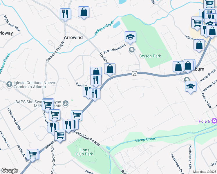 map of restaurants, bars, coffee shops, grocery stores, and more near 450 Rockfern Court in Lilburn