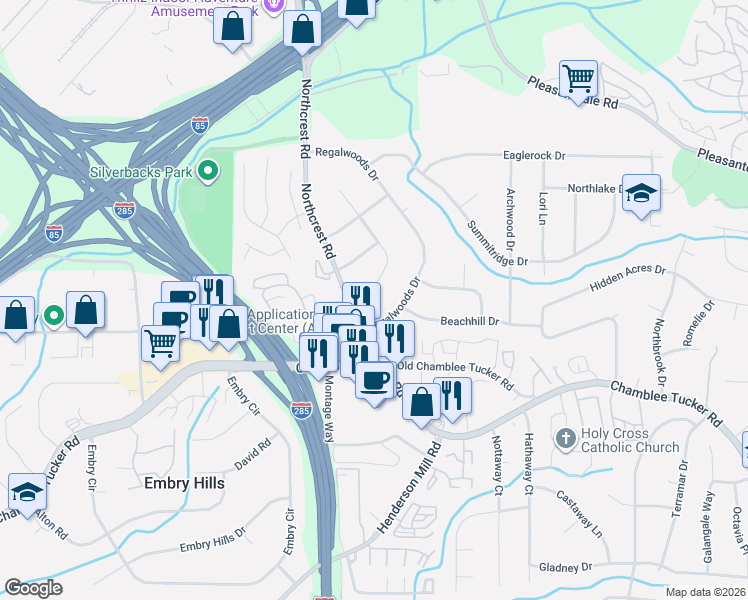 map of restaurants, bars, coffee shops, grocery stores, and more near 3341 Thornewood Drive in Doraville