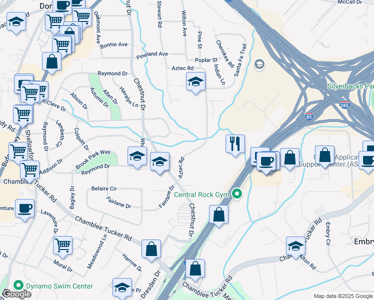 map of restaurants, bars, coffee shops, grocery stores, and more near 3374 Aztec Road in Doraville