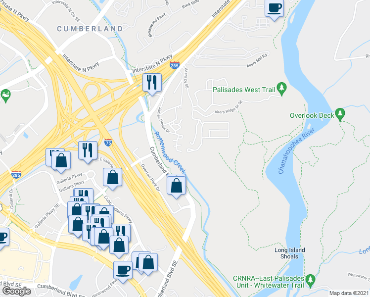 map of restaurants, bars, coffee shops, grocery stores, and more near 3600 Chattahoochee Summit Drive Southeast in Atlanta