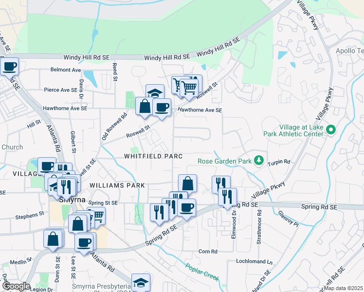 map of restaurants, bars, coffee shops, grocery stores, and more near 1551 Springleaf Court Southeast in Smyrna