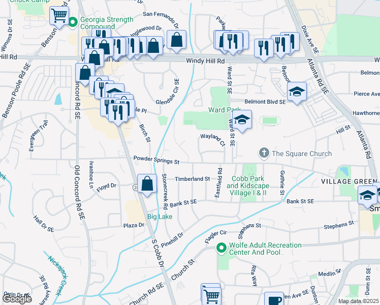 map of restaurants, bars, coffee shops, grocery stores, and more near 2681 Linnwood Drive in Smyrna
