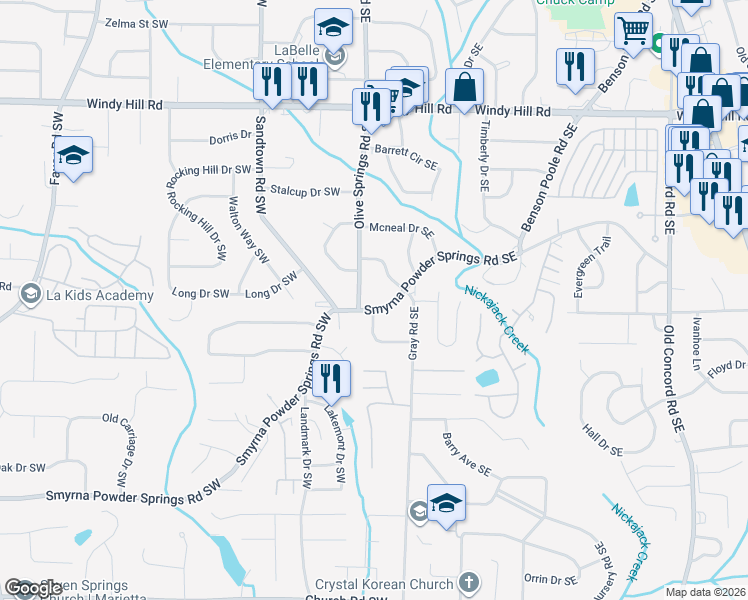 map of restaurants, bars, coffee shops, grocery stores, and more near 21 Smyrna Powder Springs Road Southeast in Marietta