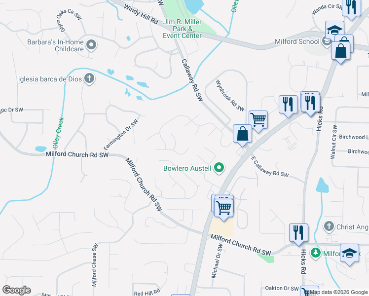 map of restaurants, bars, coffee shops, grocery stores, and more near 1332 Windage Court Southwest in Marietta