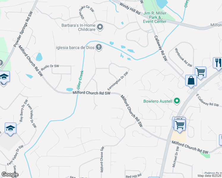 map of restaurants, bars, coffee shops, grocery stores, and more near 2672 Farmington Drive Southwest in Marietta