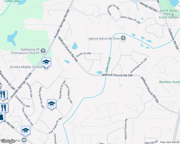 map of restaurants, bars, coffee shops, grocery stores, and more near 1724 Milford Church Road Southwest in Marietta