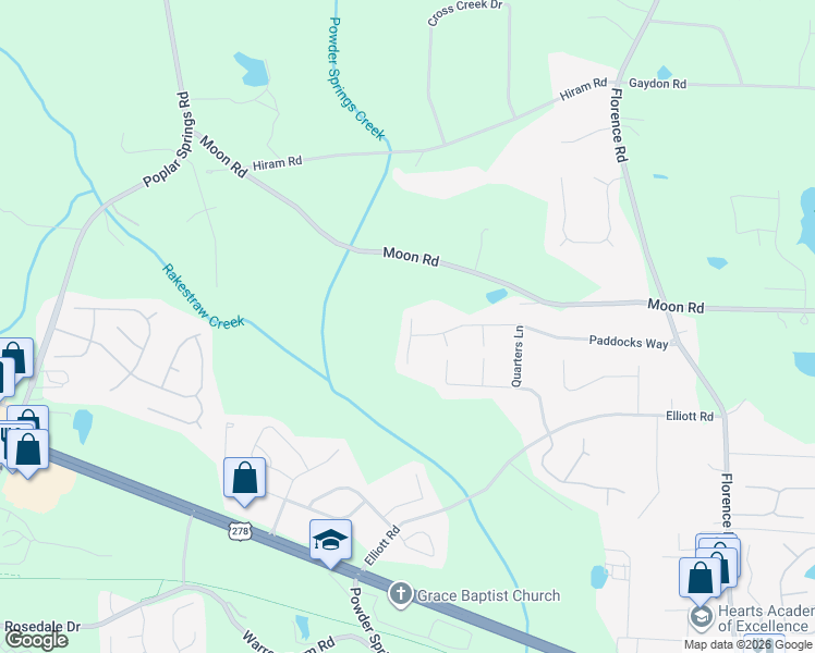 map of restaurants, bars, coffee shops, grocery stores, and more near 1426 Paddocks Court in Powder Springs