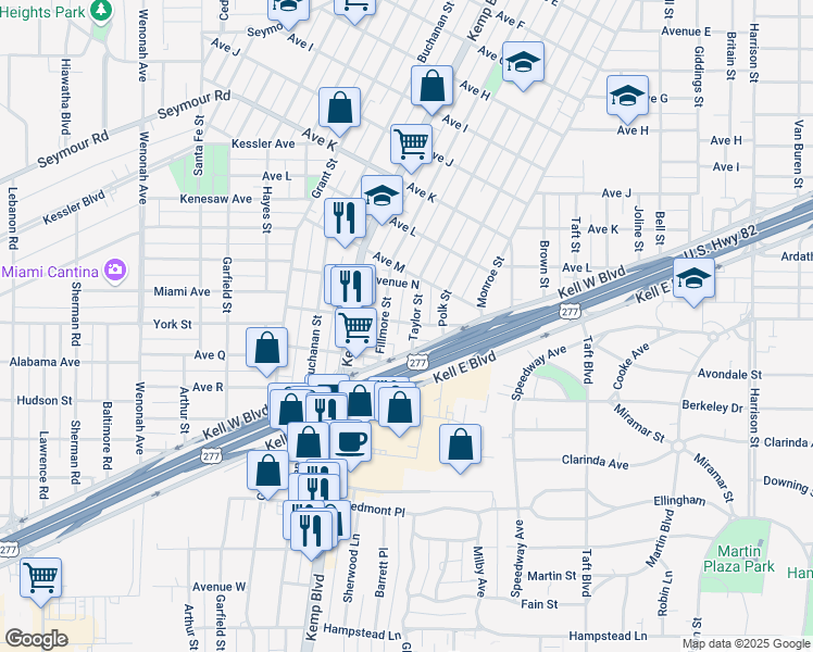 map of restaurants, bars, coffee shops, grocery stores, and more near 2401-2499 Avenue O in Wichita Falls