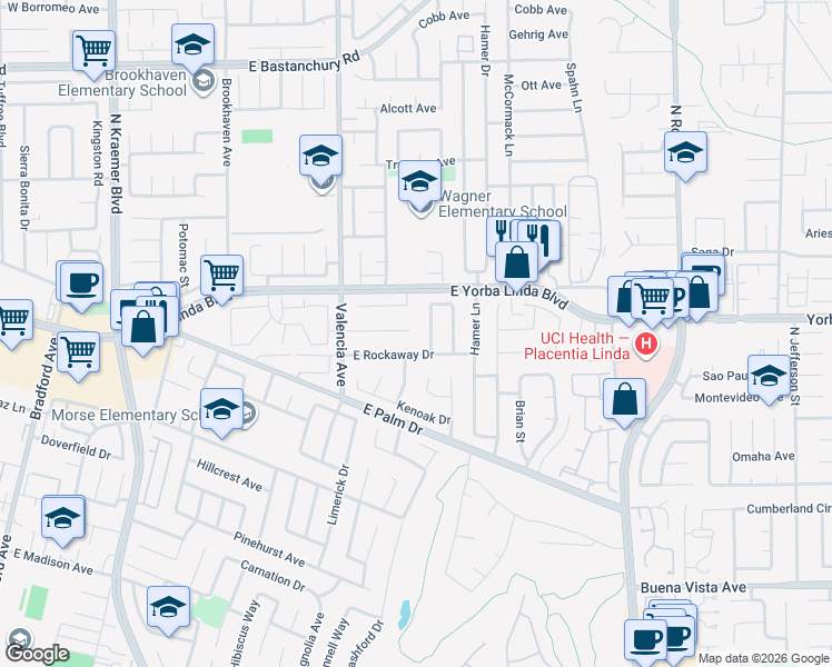 map of restaurants, bars, coffee shops, grocery stores, and more near 668 Highlander Avenue in Placentia