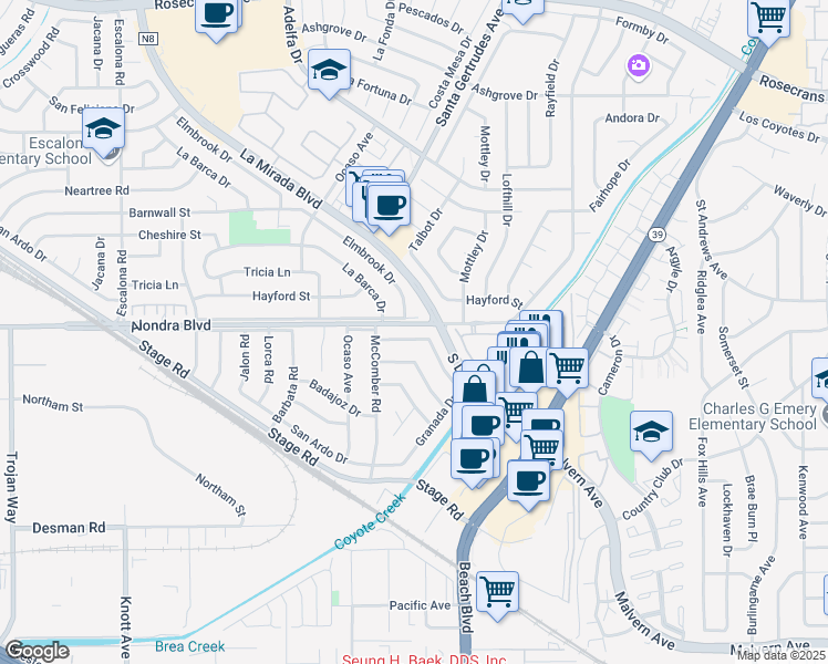 map of restaurants, bars, coffee shops, grocery stores, and more near 7611 Granada Drive in Buena Park