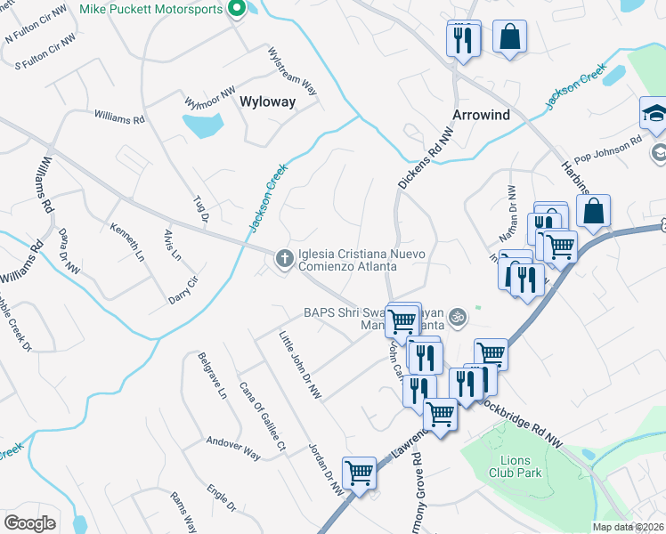map of restaurants, bars, coffee shops, grocery stores, and more near 595 Therrell Lane Northwest in Lilburn
