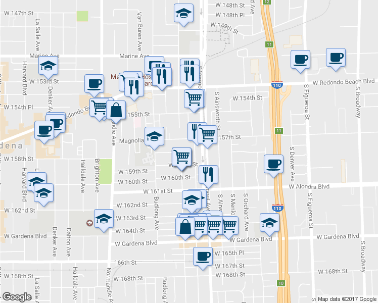map of restaurants, bars, coffee shops, grocery stores, and more near 15804 Berendo Avenue in Gardena
