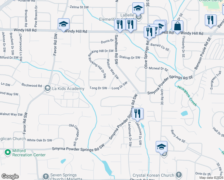 map of restaurants, bars, coffee shops, grocery stores, and more near 127 Long Drive Southwest in Marietta