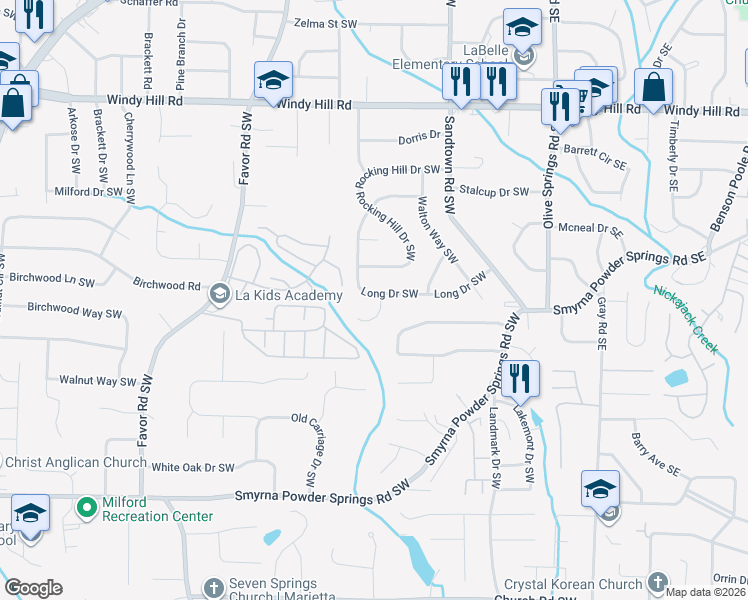 map of restaurants, bars, coffee shops, grocery stores, and more near 143 Long Drive Southwest in Marietta