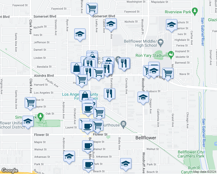 map of restaurants, bars, coffee shops, grocery stores, and more near 16123 Eucalyptus Avenue in Bellflower