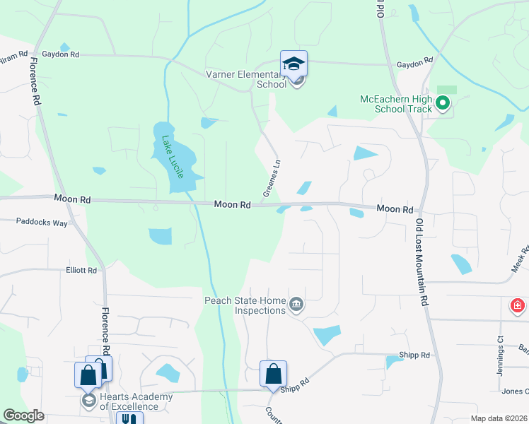 map of restaurants, bars, coffee shops, grocery stores, and more near 4829 Moon Road in Powder Springs