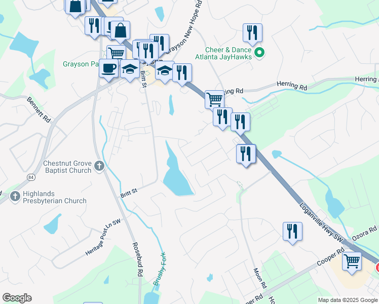 map of restaurants, bars, coffee shops, grocery stores, and more near 2614 Mourning Dove Drive in Grayson