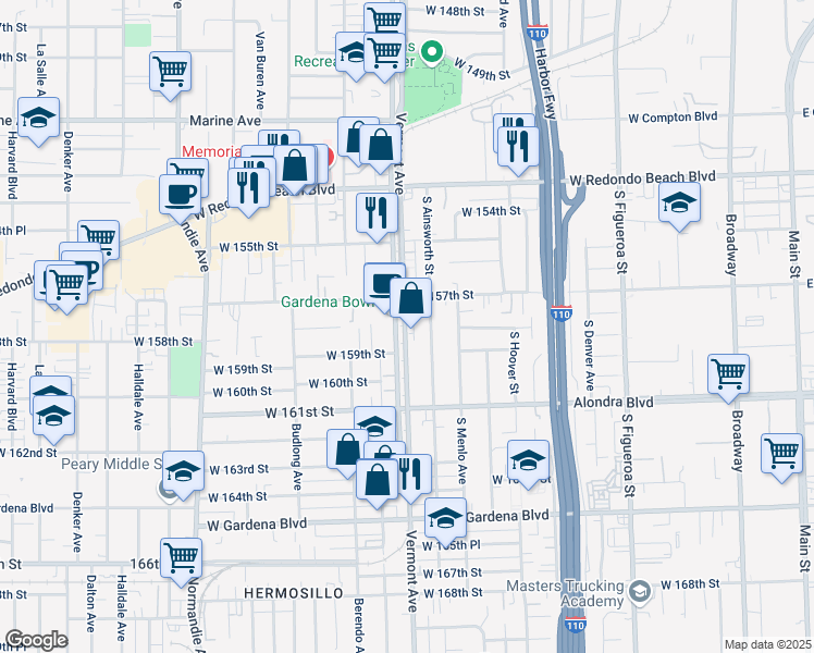 map of restaurants, bars, coffee shops, grocery stores, and more near 15812 South Vermont Avenue in Gardena