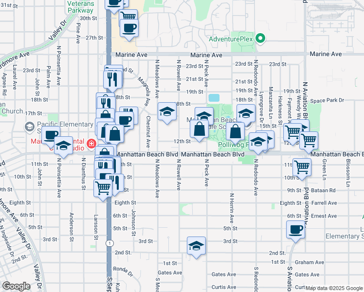 map of restaurants, bars, coffee shops, grocery stores, and more near 1150 North Rowell Avenue in Manhattan Beach
