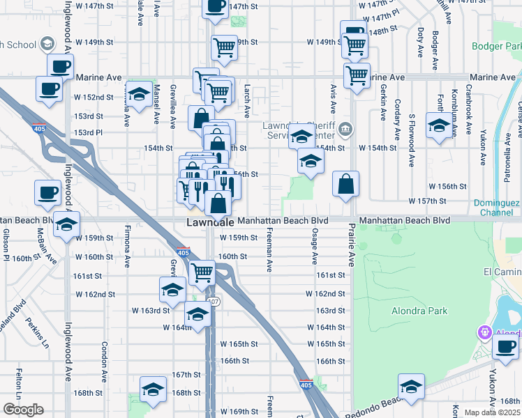 map of restaurants, bars, coffee shops, grocery stores, and more near 15721 Freeman Avenue in Lawndale