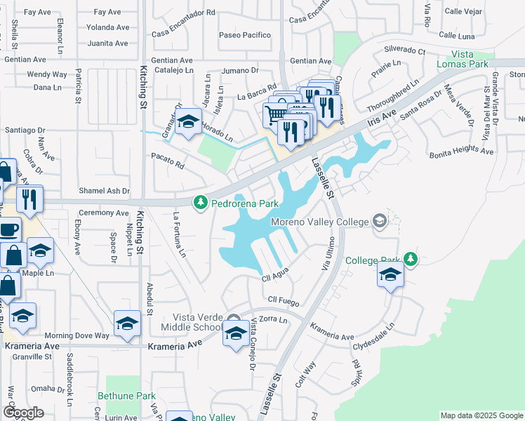map of restaurants, bars, coffee shops, grocery stores, and more near 16088 Peninsula Court in Moreno Valley