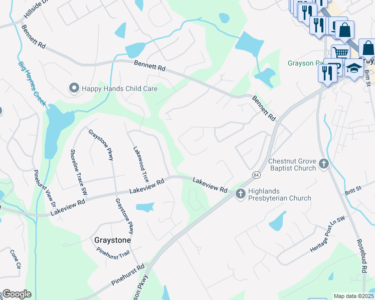 map of restaurants, bars, coffee shops, grocery stores, and more near 1040 Windsor Creek Drive Southwest in Grayson