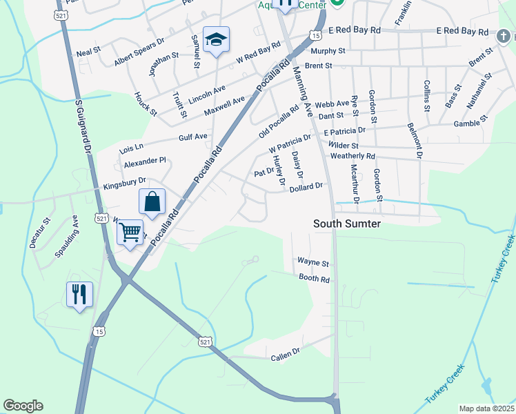 map of restaurants, bars, coffee shops, grocery stores, and more near 126 West Patricia Drive in Sumter