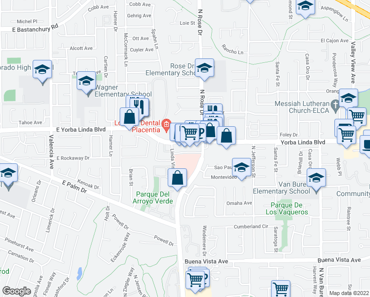 map of restaurants, bars, coffee shops, grocery stores, and more near 1156 East Yorba Linda Boulevard in Placentia