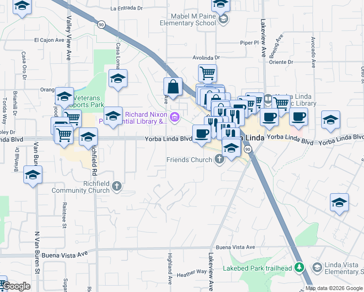 map of restaurants, bars, coffee shops, grocery stores, and more near 18027 Burke Lane in Yorba Linda