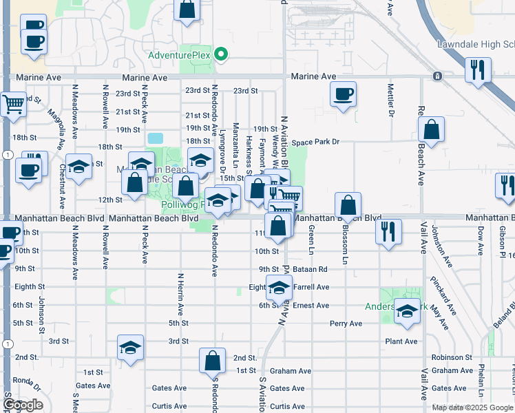map of restaurants, bars, coffee shops, grocery stores, and more near 1826 12th Street in Manhattan Beach