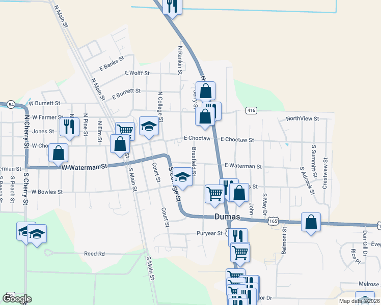 map of restaurants, bars, coffee shops, grocery stores, and more near 112 Brasfield St in Dumas