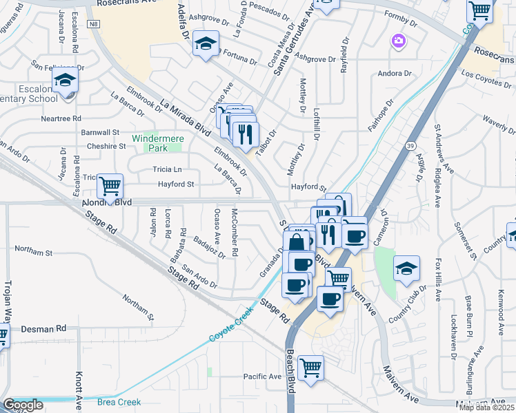 map of restaurants, bars, coffee shops, grocery stores, and more near 7611 Granada Drive in Buena Park