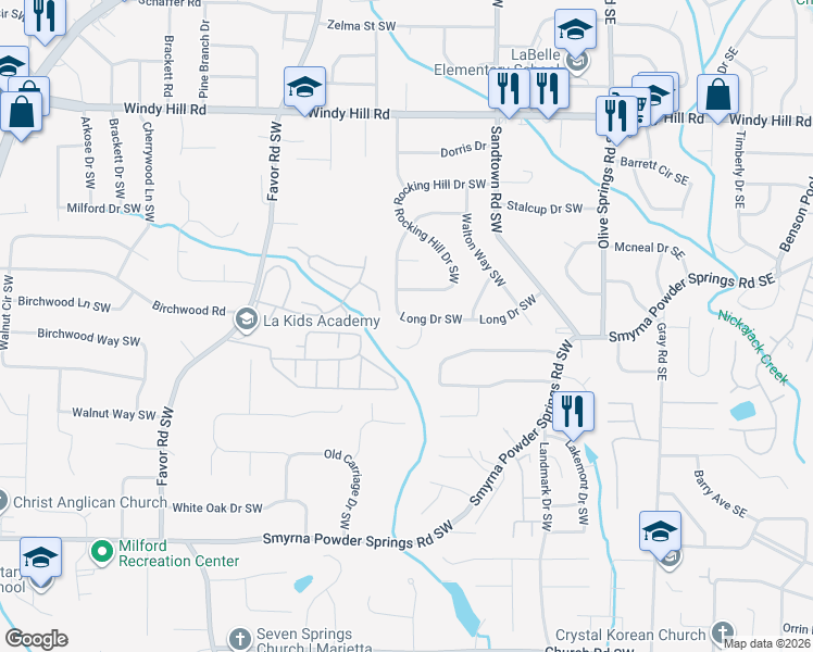 map of restaurants, bars, coffee shops, grocery stores, and more near 143 Long Drive Southwest in Marietta