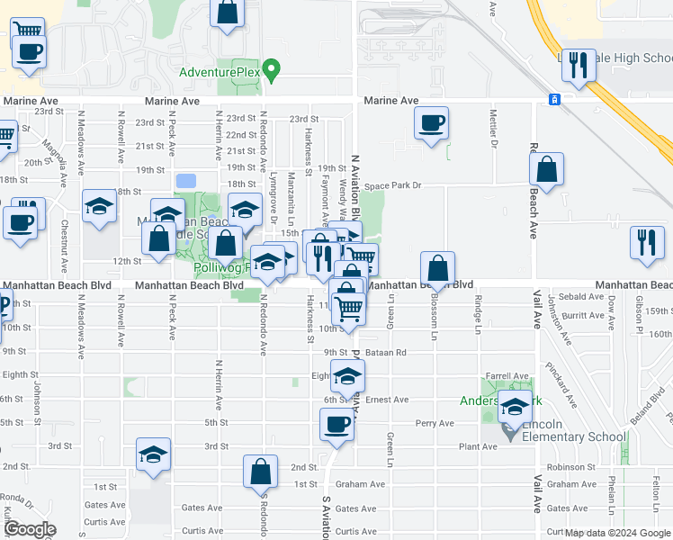 map of restaurants, bars, coffee shops, grocery stores, and more near 1836 12th Street in Manhattan Beach