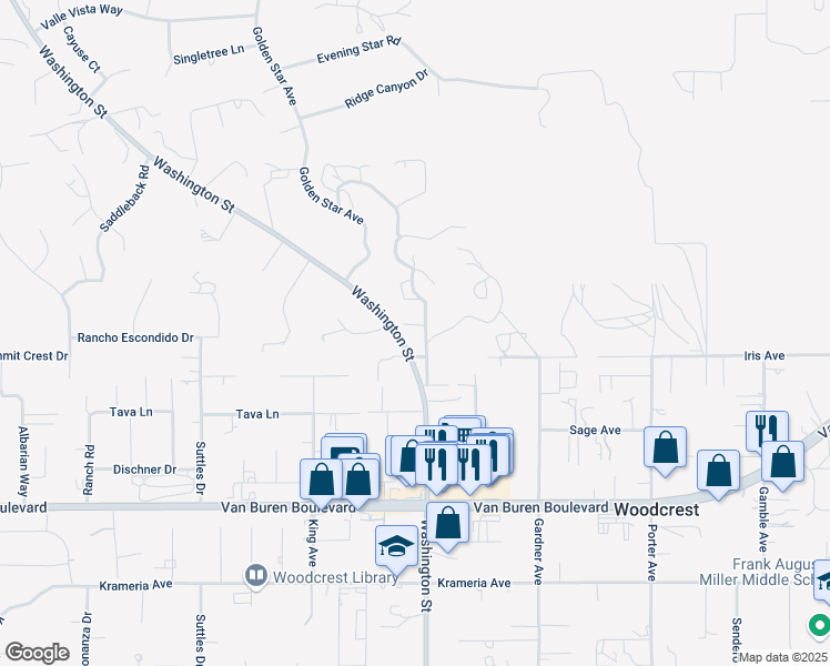 map of restaurants, bars, coffee shops, grocery stores, and more near 15960 Washington Street in Riverside