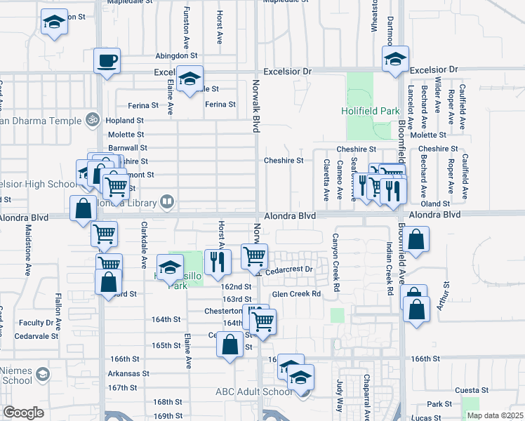 map of restaurants, bars, coffee shops, grocery stores, and more near 15731 Thornlake Avenue in Norwalk