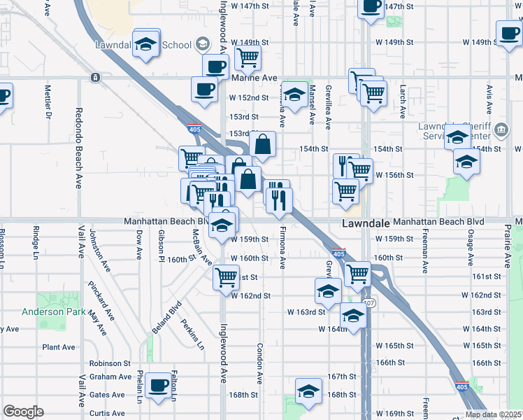 map of restaurants, bars, coffee shops, grocery stores, and more near 15724 Condon Avenue in Lawndale