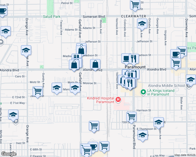 map of restaurants, bars, coffee shops, grocery stores, and more near 15939 Illinois Ave in Paramount