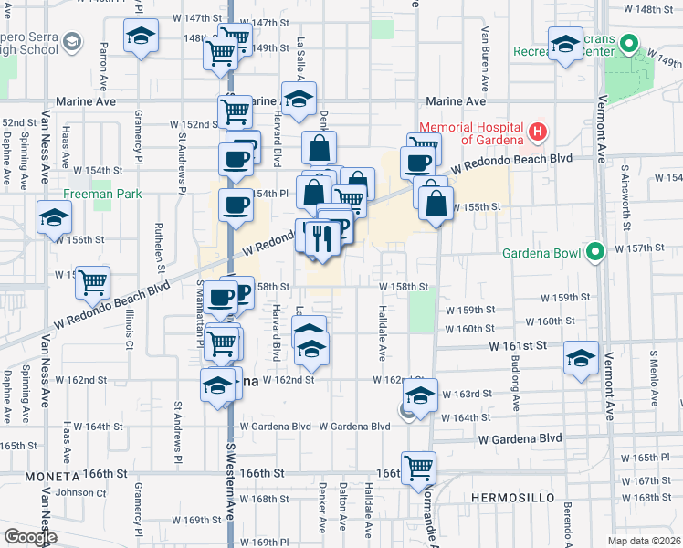 map of restaurants, bars, coffee shops, grocery stores, and more near 52 Merit Park Drive in Gardena