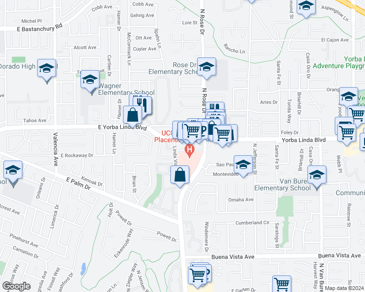 map of restaurants, bars, coffee shops, grocery stores, and more near 1136 East Yorba Linda Boulevard in Yorba Linda