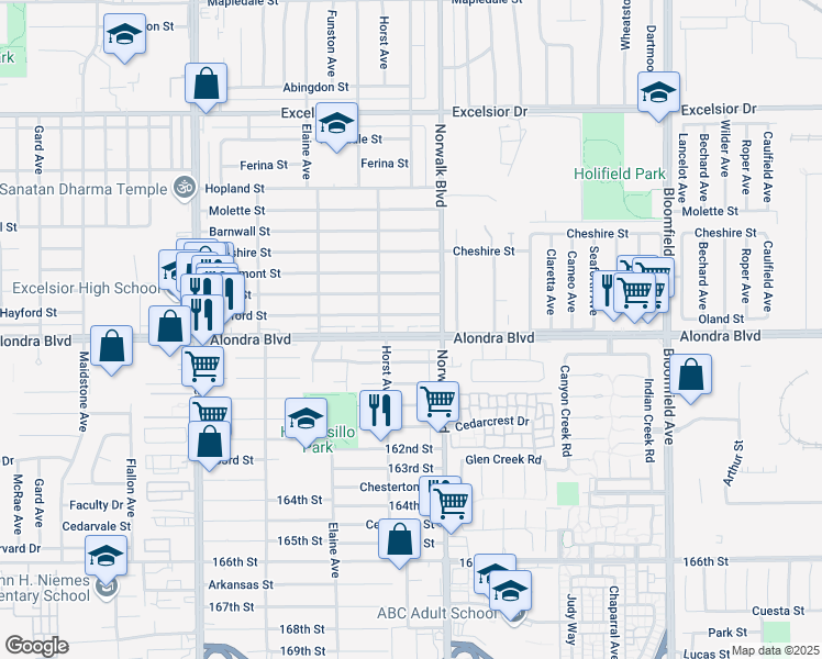 map of restaurants, bars, coffee shops, grocery stores, and more near 12137 Alondra Blvd in Norwalk
