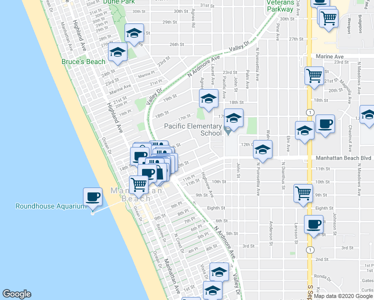map of restaurants, bars, coffee shops, grocery stores, and more near 637 13th Street in Manhattan Beach