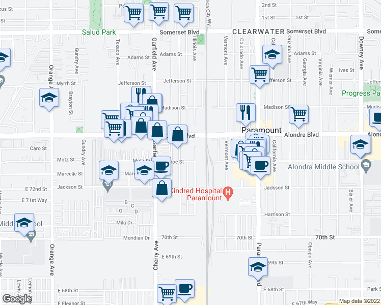 map of restaurants, bars, coffee shops, grocery stores, and more near 15939 Illinois Avenue in Paramount