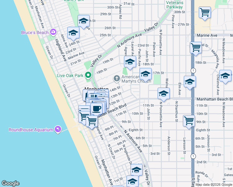 map of restaurants, bars, coffee shops, grocery stores, and more near 637 13th Street in Manhattan Beach